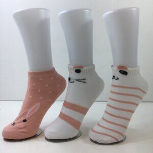 Womens Ankle Socks Set 3 Rabbit Cat Bear Print Stripes Polka Dots Pink White